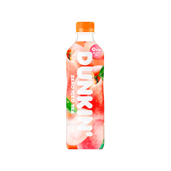 Bottle of DUNKIN white peach iced tea, slim design with pink label and clear branding, 500ml size.