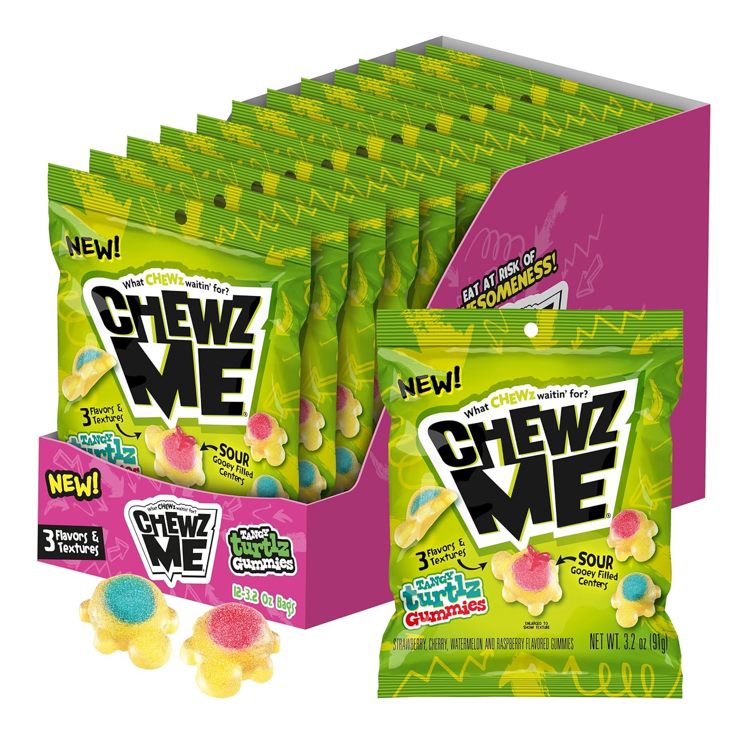 Colombina Chewz Me Sour Gummies Turtle Peg Bags 91g (12 Pack) -