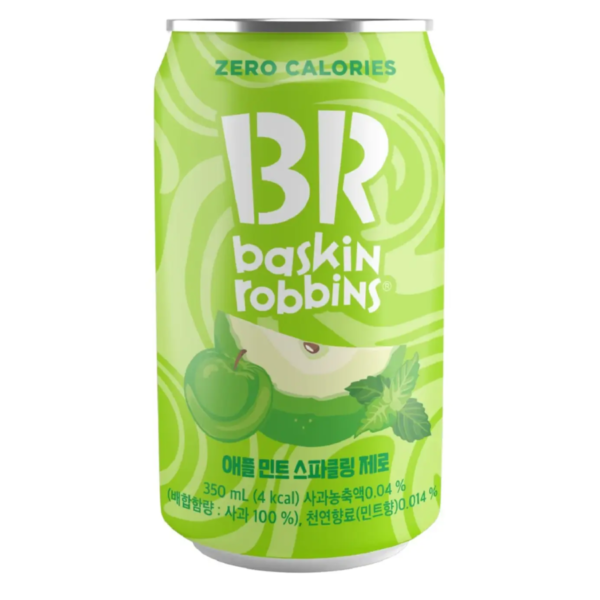 Colorful 350ml can of Baskin Robbins Apple Mint Sparkling Zero, with green and mint accents and playful branding.