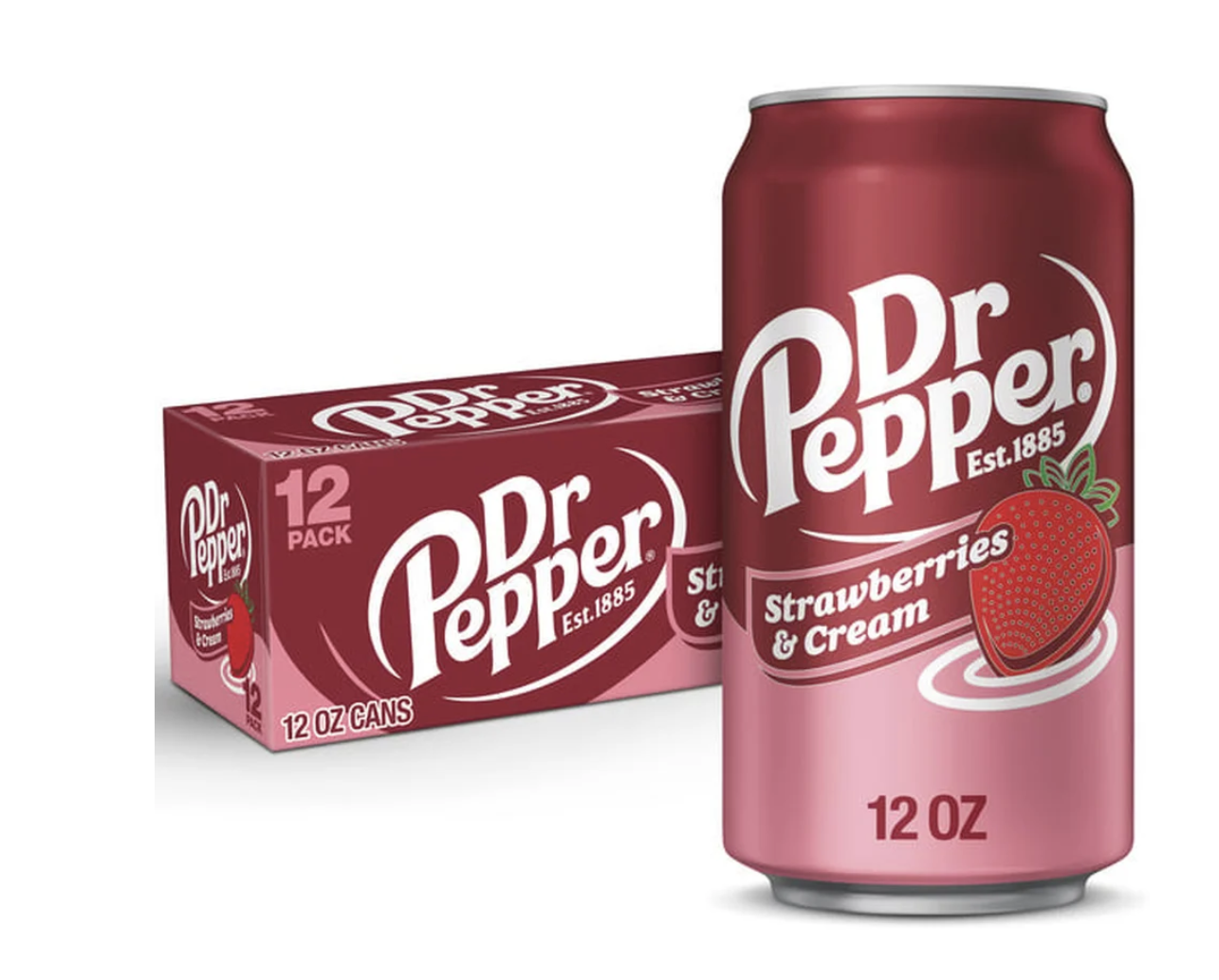 A 12-pack of Dr Pepper Strawberries and Cream cans, with one can displayed in front and the others in the pack showing the flavor and branding.
