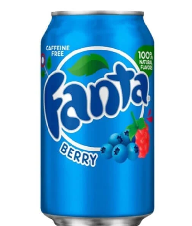 A can of Fanta Berry soda with a blue color scheme and graphics of berries on it.