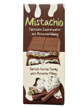 Mistachio Angel Hair - Dubai Milk Chocolate Tab Pistachio/Milk and Cotton Candy 12x80g  -A06