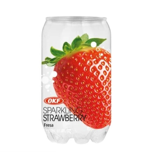 Red 350ml can of OKF Sparkling Strawberry Drink with strawberry graphics and fizzy bubbles.