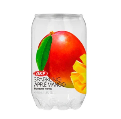 Clear OKF 350ml can showing mango fruit, with sparkling water design.
