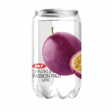 Transparent OKF 350ml can featuring passion fruit design, clean sparkling water look.