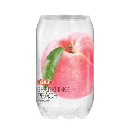 Clear 350ml OKF can with transparent sparkling peach design, sleek and minimalist.