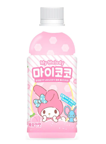 340ml peach-flavored drink with coconut jelly, Sanrio characters on the bottle.