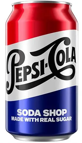 355ml Pepsi can labeled “Made with Real Sugar” featuring classic branding.