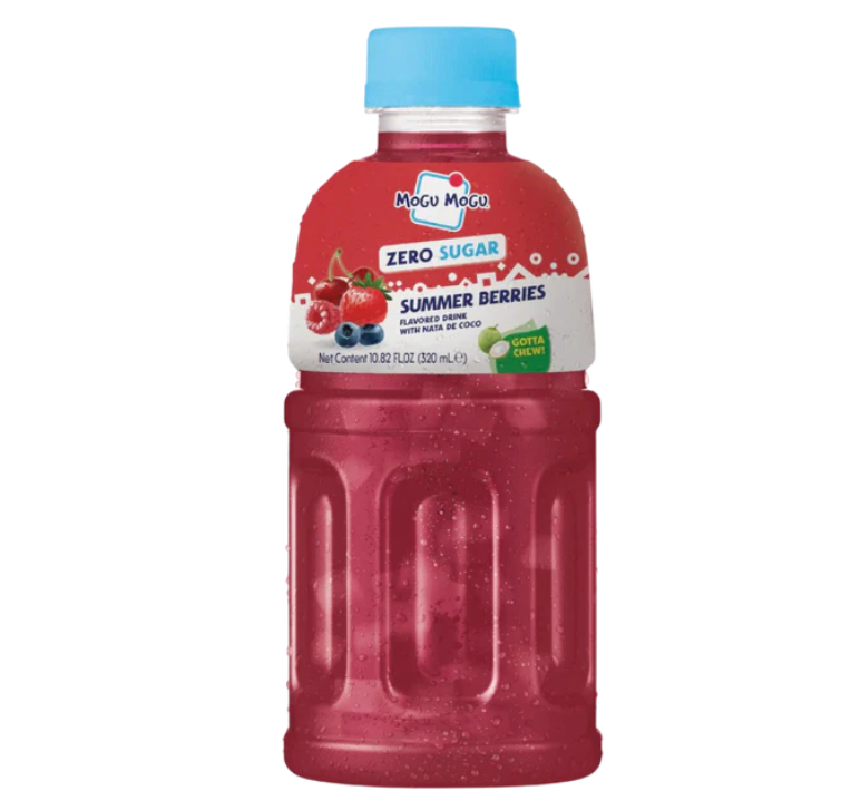 Red bottle of Mogu Mogu Zero Sugar Summer Berries juice with a blue cap on a white background