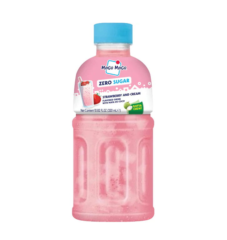 Pink bottle of Megu Mogo strawberry and cream flavor on a white background