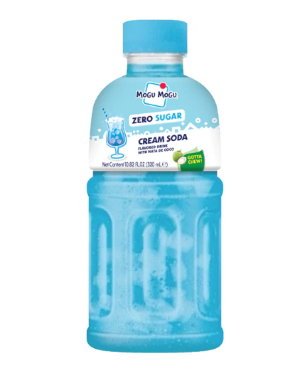 Blue bottle of Maggi Zero Sugar Cream Soda on a white background