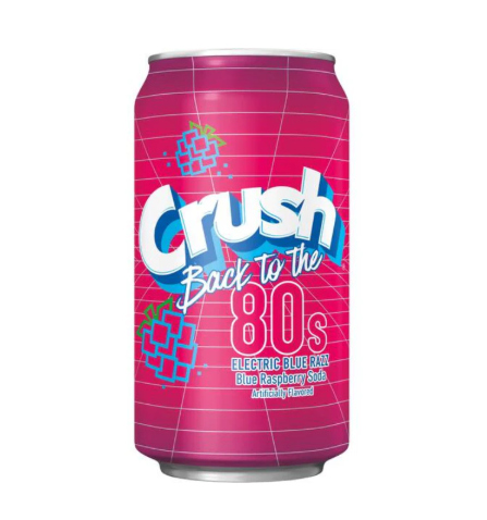Pink can of Crush soda with 'Back to the 80s' design on a white background