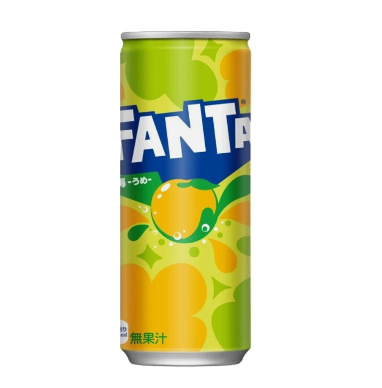 Soft green and yellow Fanta can labeled “Ume Plum,” decorated with Japanese plum