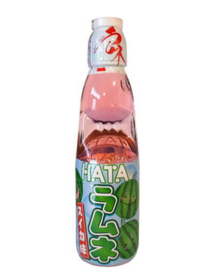 Hatakosen Ramune glass soda bottle with green watermelon label and marble seal.