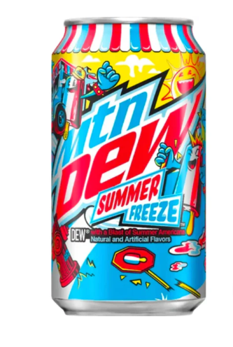 Mountain Dew Summer Freeze can with colorful summer design on a white background