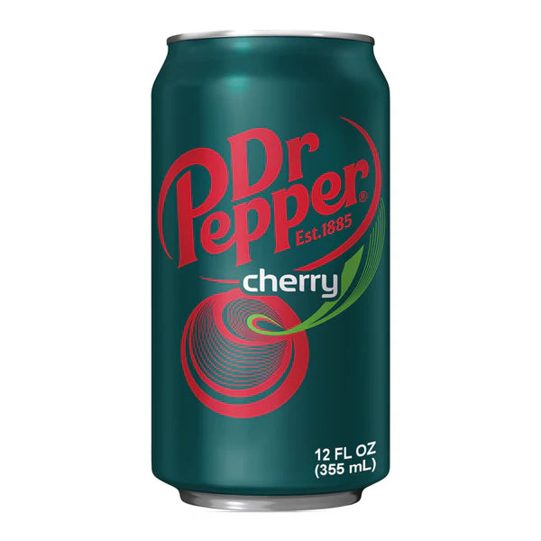 A 355ml can of Dr Pepper Cherry with the classic Dr Pepper logo and the text 'cherry' on it.