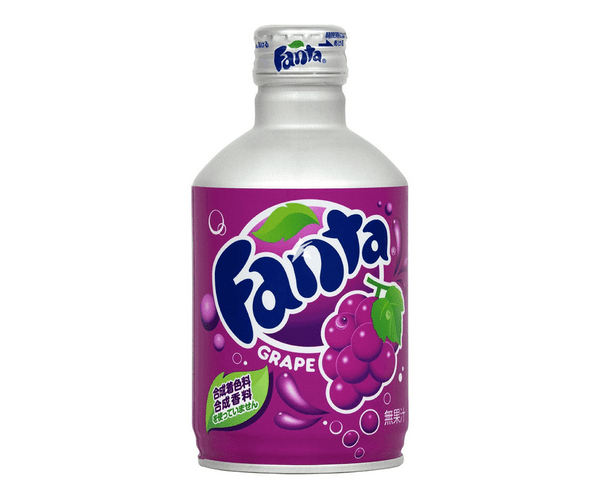 A bottle of Fanta Grape flavored soda with a label showing the brand name and grape imagery.