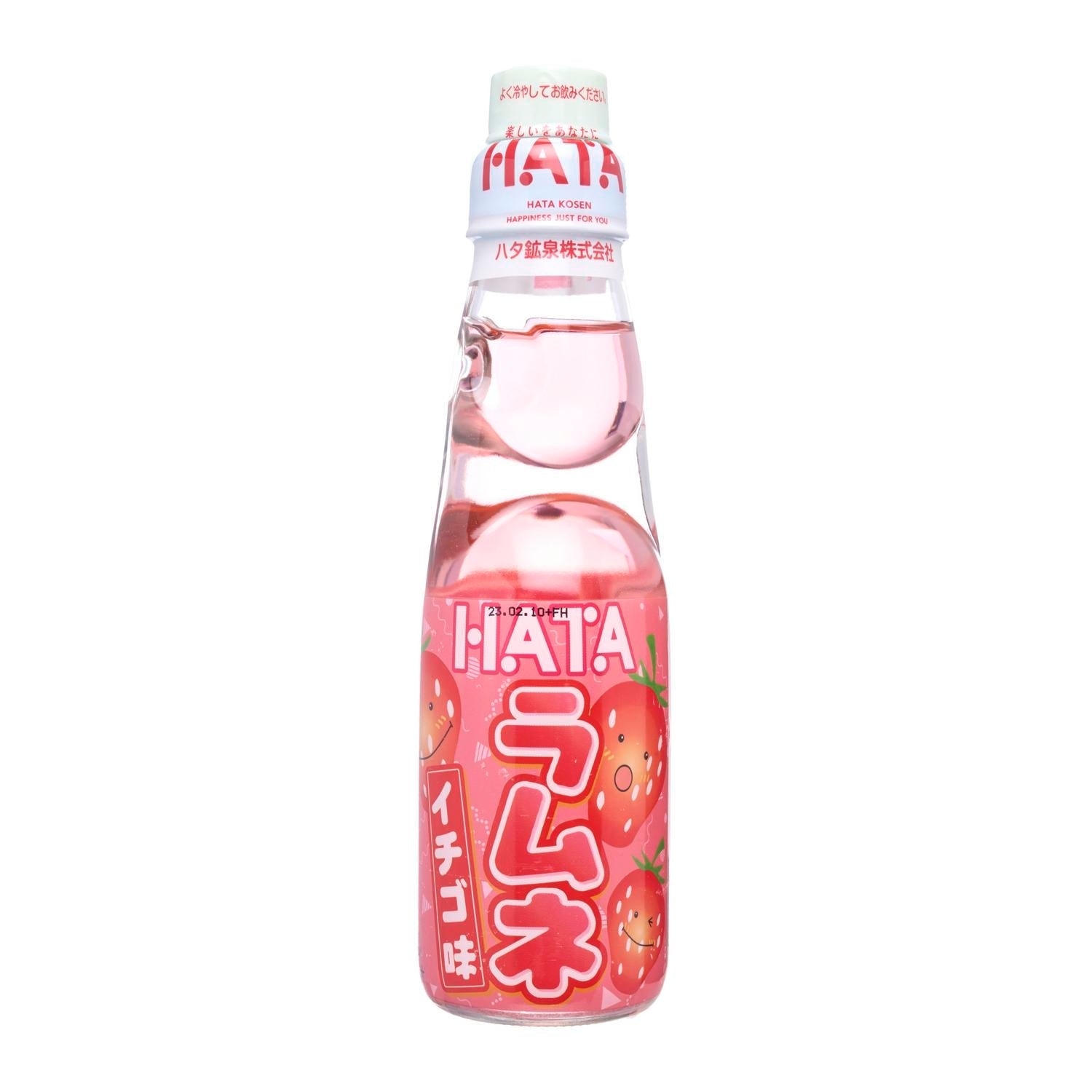 A glass bottle of Hatakosen Ramune Strawberry soft drink with a pink label and a traditional glass marble stopper.