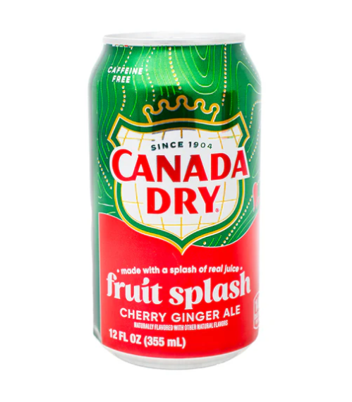 Canada Dry Fruit Splash Cherry Ginger Ale can in with on a red and green  background