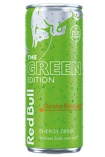 Green energy drink can with Red Bull branding on a green background